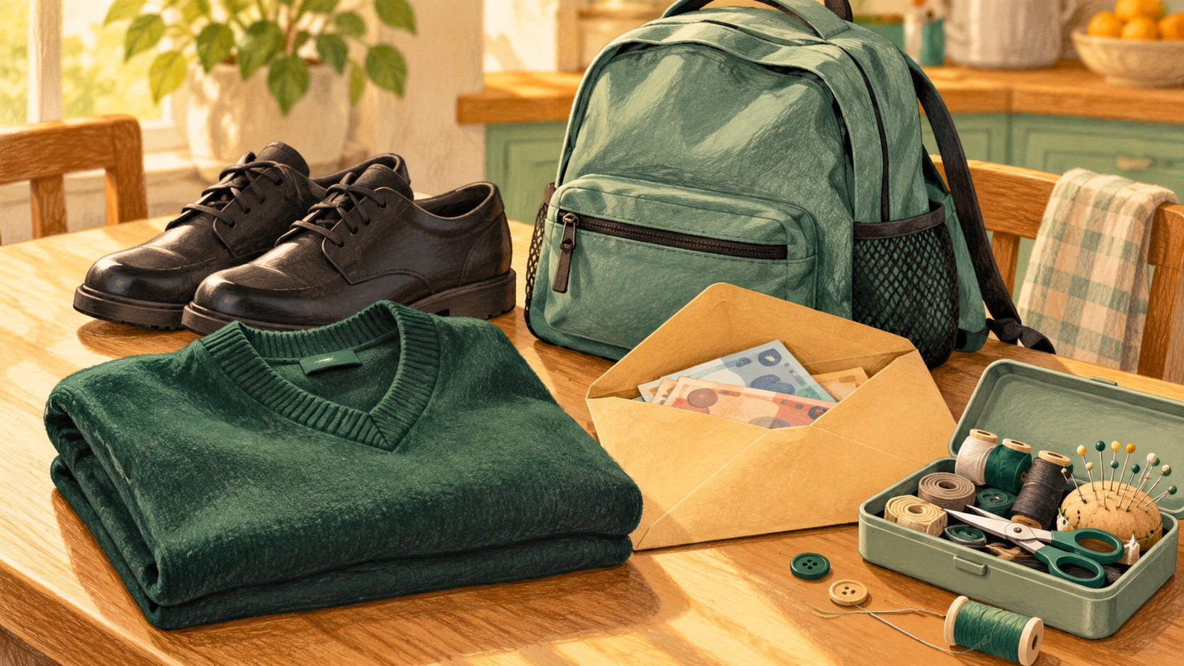 Editorial illustration: A neatly folded plain school jumper, shoes and backpack beside a parent budget envelope and sewing kit on a kitchen table, costs beyond the classroom; not a photograph.