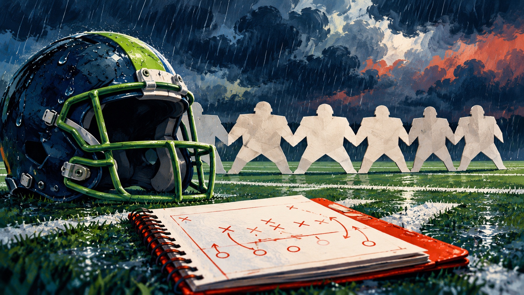 Editorial illustration: An empty navy-green American-football helmet under rain clouds beside a red-white blank playbook, a paper defensive wall across yard lines; not a photograph.