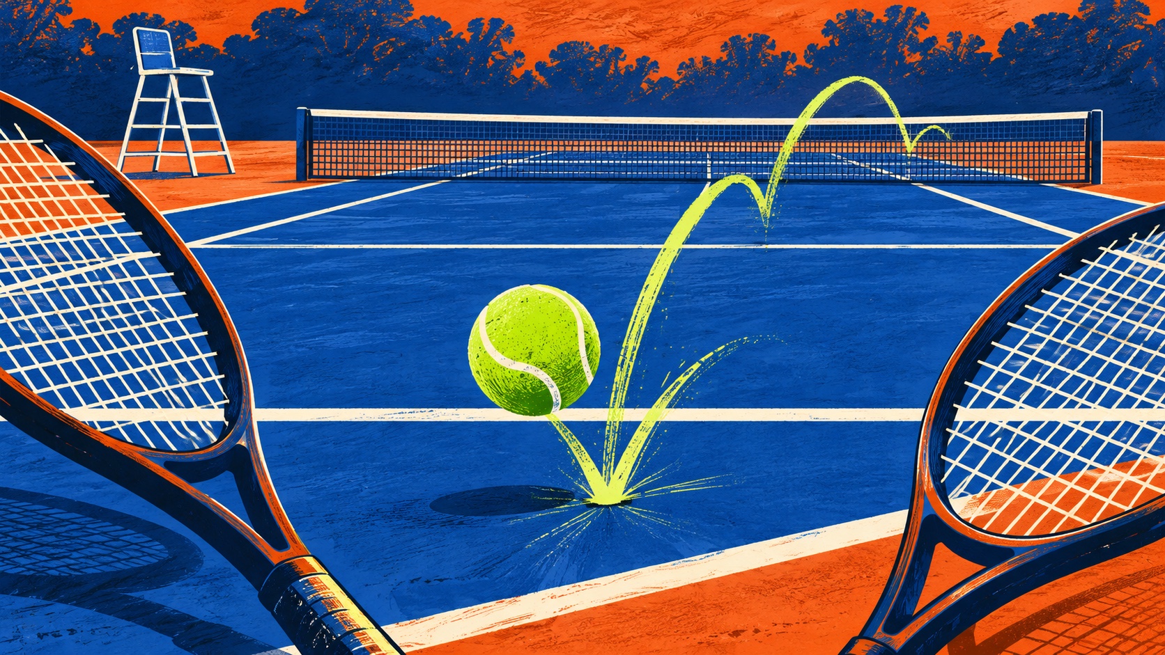 Editorial illustration: Two plain tennis rackets framing a green ball rebound path over a blue court, unoccupied courtside chair; not a photograph.