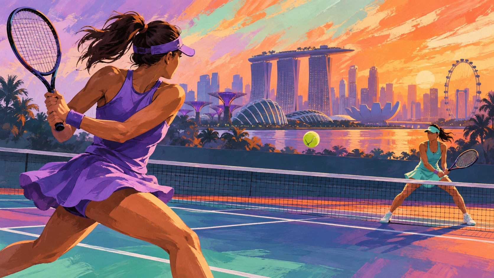 Editorial illustration: Anonymous women tennis players in contrasting violet and turquoise plain outfits on a hard court; not an event photograph or official product image.