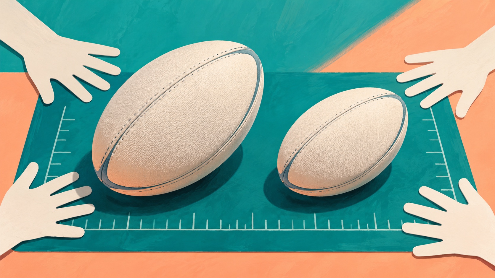 Editorial illustration: Two plain rugby balls of slightly different size on a simple measuring mat with generic hands shown only as flat paper outlines, evidence-driven equipment trial; not a photograph.