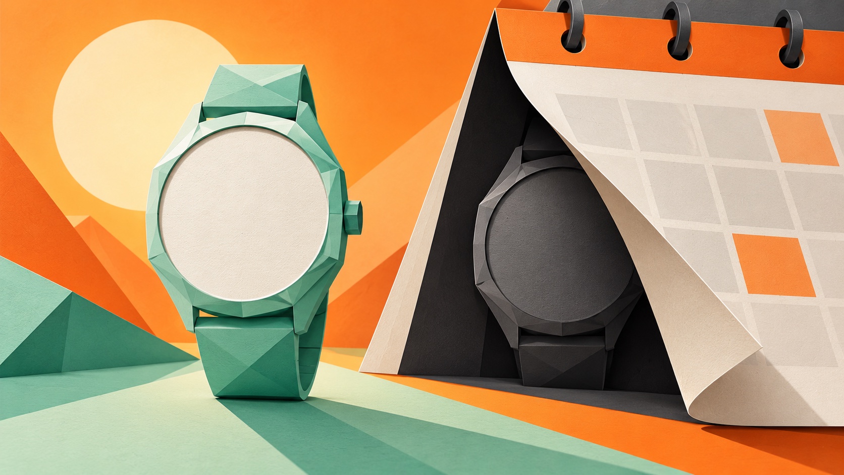 Editorial illustration: Two entirely imaginary polygonal wristwatch silhouettes with blank clock faces, one fully illuminated and one behind a paper calendar curtain; not a photograph.