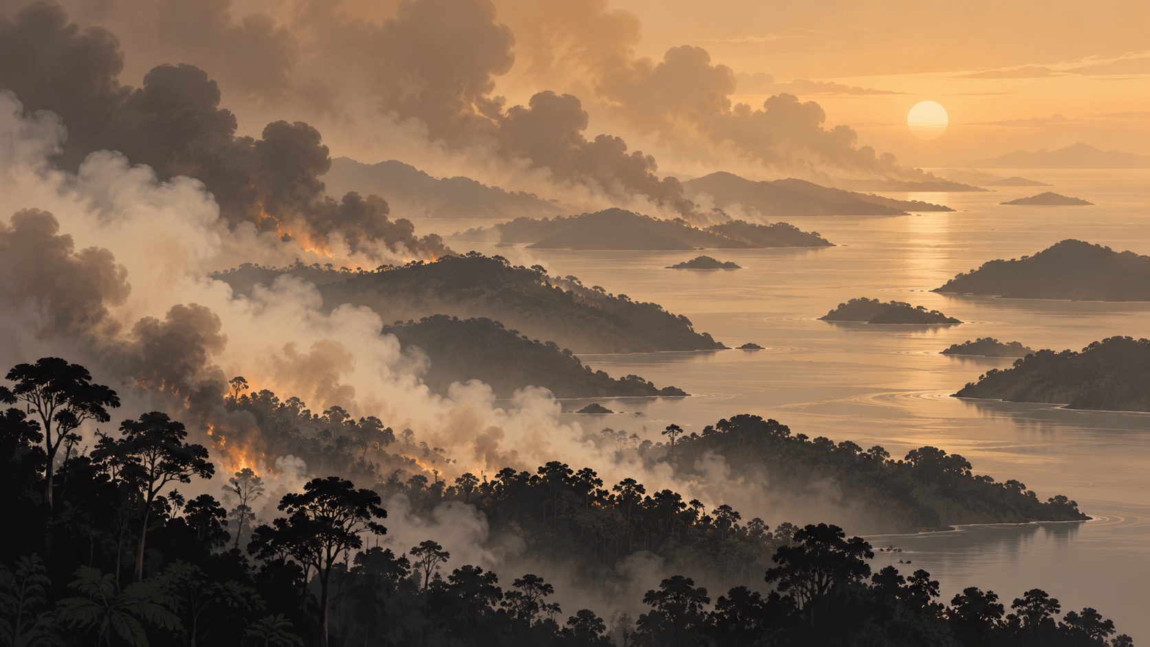 Editorial illustration: Forest silhouettes and layered smoke spreading over several abstract neighboring land forms separated by thin sea channels, a regional haze policy concept not a satellite photo; not a photograph.