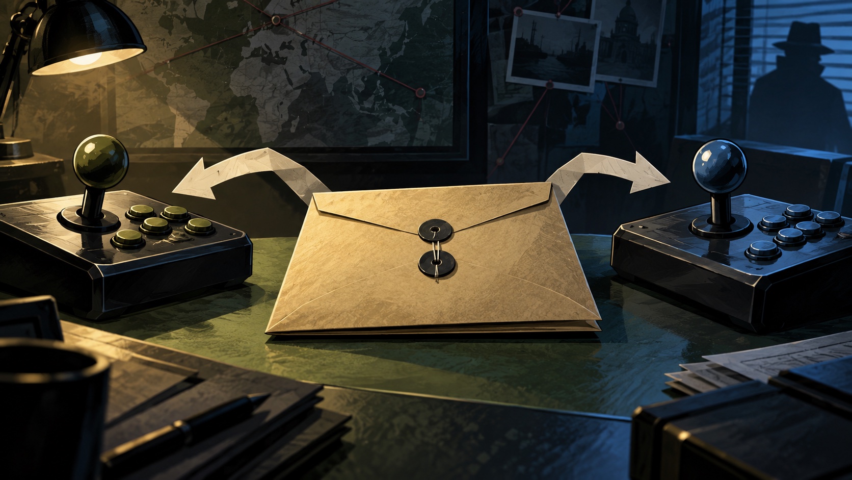Editorial illustration: A plain secret dossier envelope linked by two paper arrows to generic arcade joysticks in a shadowed imaginary spy office; not a photograph.