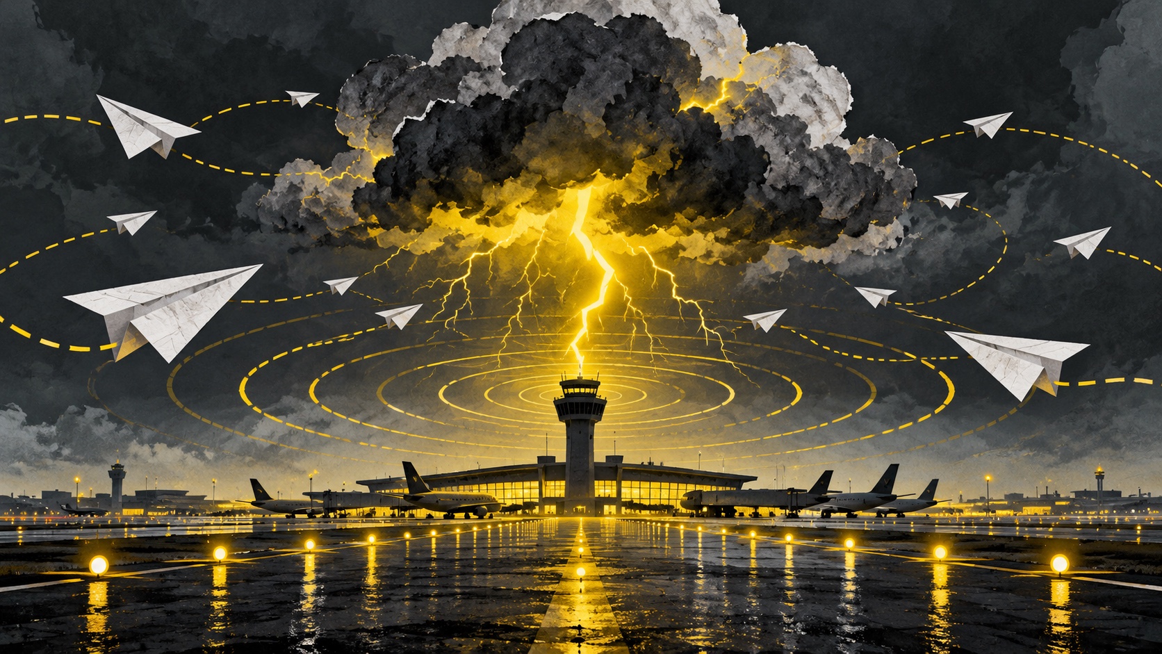 Editorial illustration: A lightning cloud above one airport sends ripples through a network of small paper airplanes and distant runway lights; not a photograph.