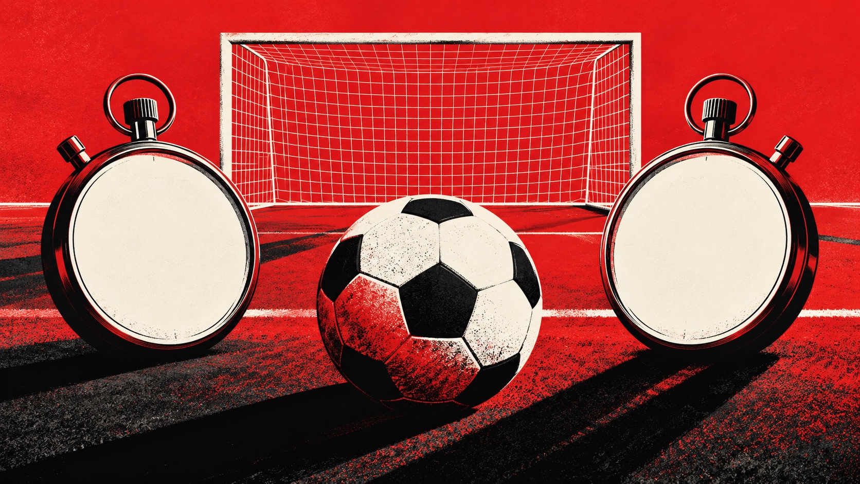 Editorial illustration: A football rests between two blank stopwatch faces and an empty red-white goal net, black diagonal pitch shadows; not a photograph.