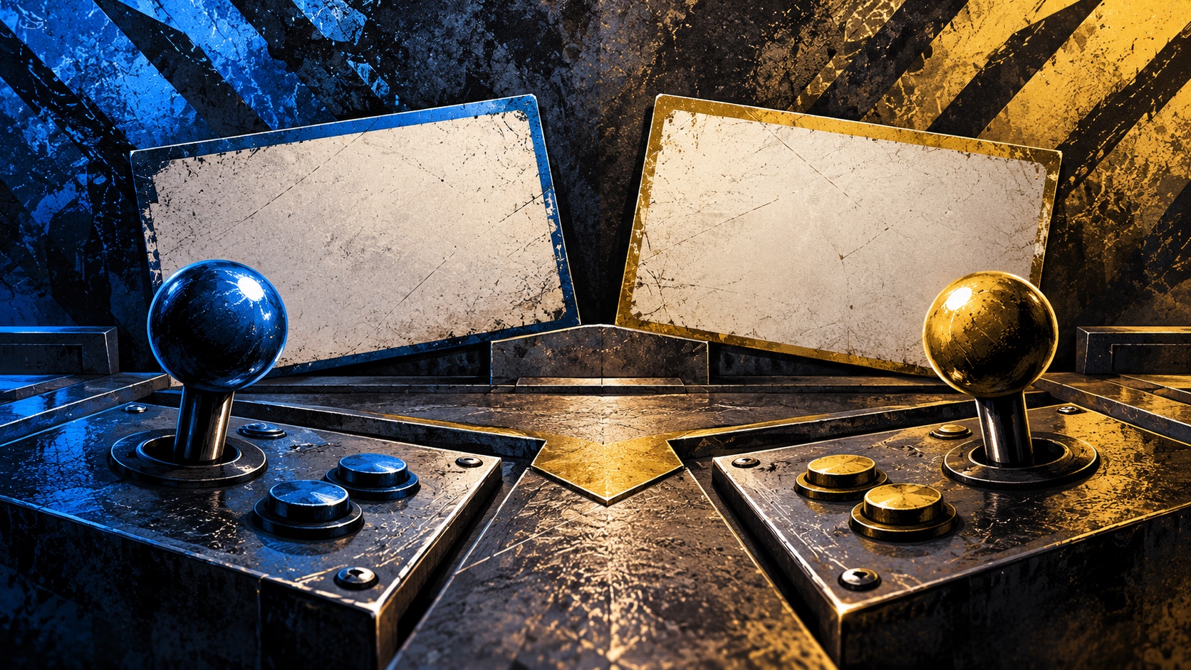 Editorial illustration: An imaginary game review desk with two plain arcade joysticks, blank review cards leaning in opposite directions and a scratched metal texture; not a photograph.