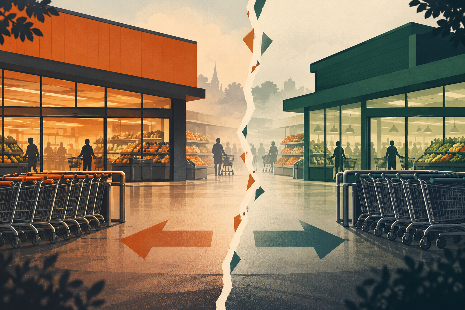 Editorial illustration of two imagined orange and green supermarket buildings separated by a torn-paper divide; not photographs of Sainsbury's or Morrisons.