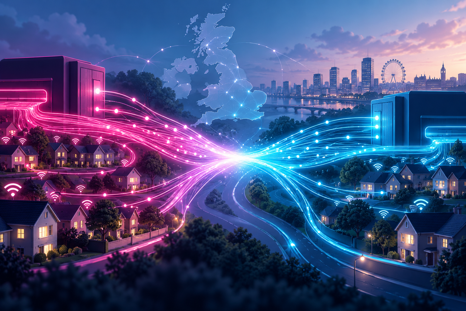Editorial illustration of two telecom networks and connected homes in Britain; not a photograph or map of BT or TalkTalk infrastructure.