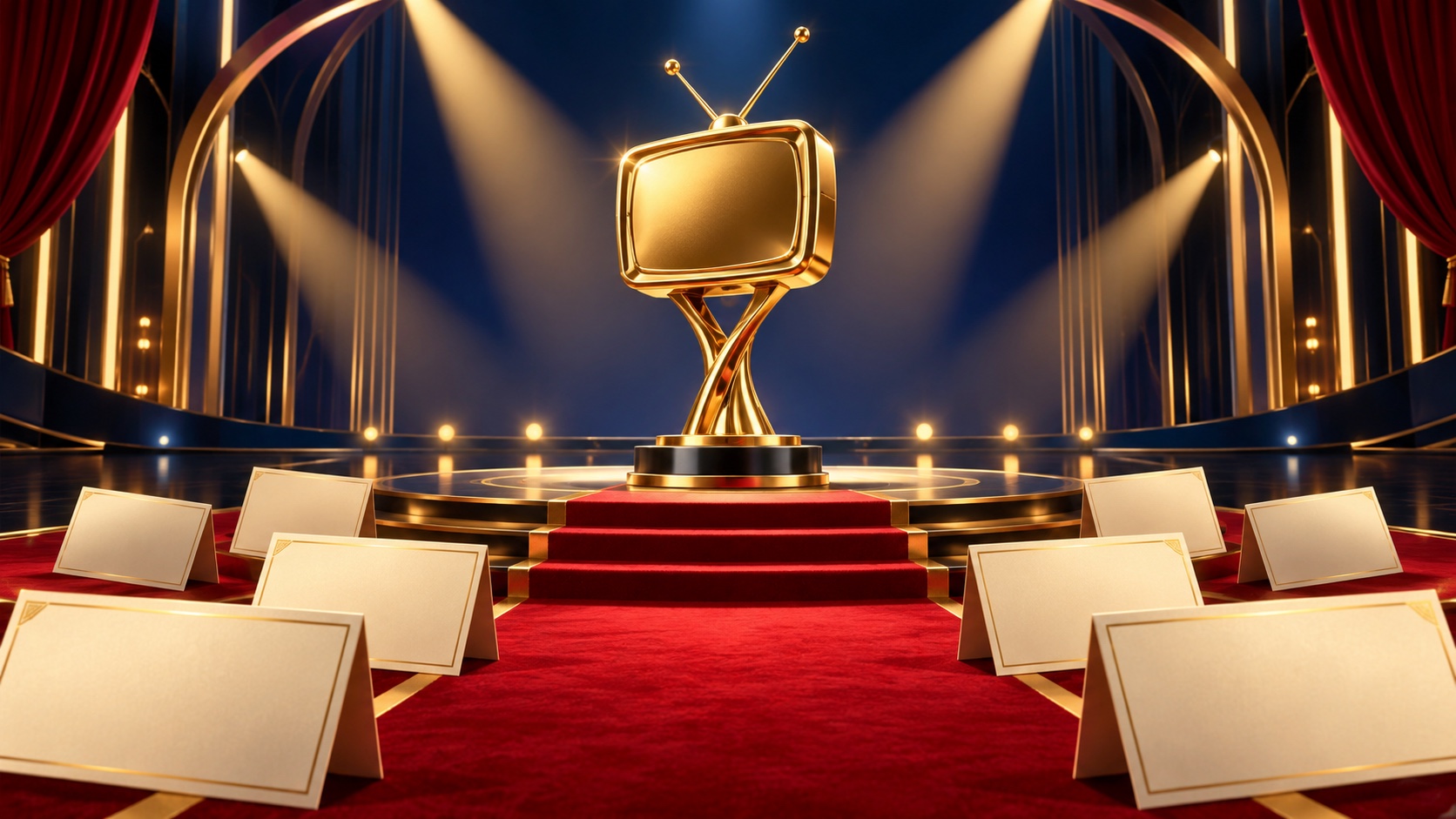 Editorial illustration: An imaginary angular gold television trophy, empty spotlit stage and blank category cards cascading over crimson carpet; not a photograph.