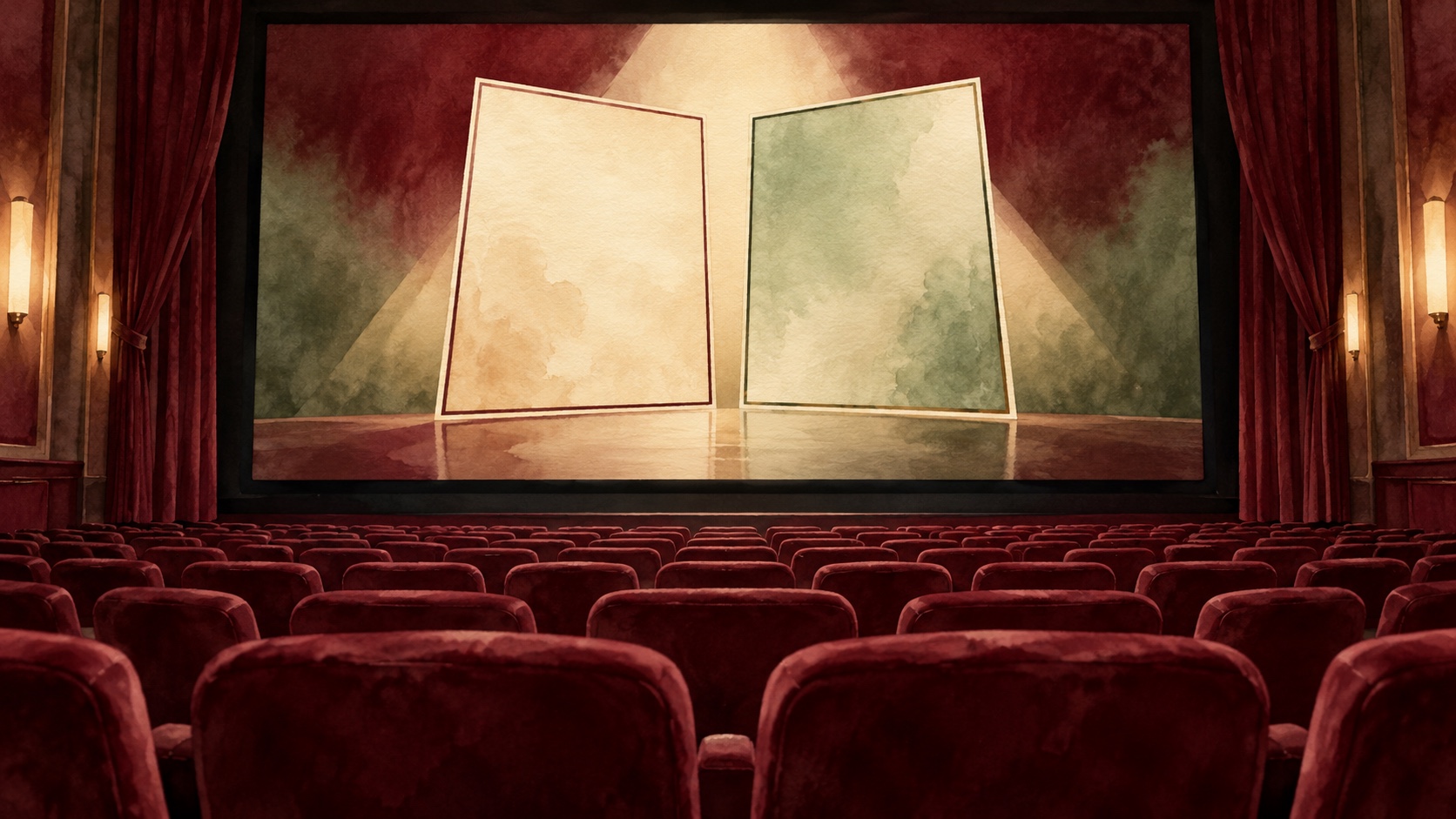 Editorial illustration: A plain television with two blank season cards reflected in a diminishing series of empty cinema seats; not a photograph.