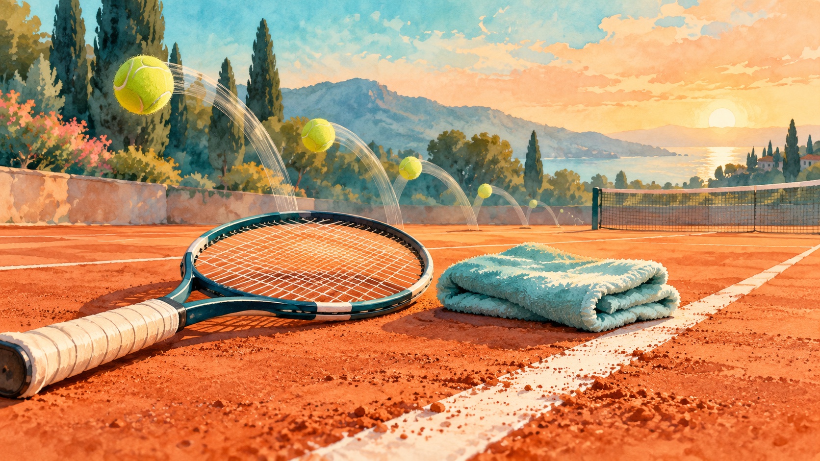 Editorial illustration: A plain tennis racket beside a carefully repaired clay-court baseline and a soft folded towel, layered tennis-ball trails fade into calm morning light; not a photograph.