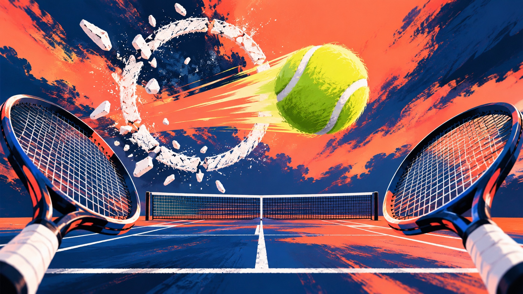 Editorial illustration: A tennis ball passing through a broken chalk ring beside two rackets pointing toward another net, athletic challenge rather than any real match depiction; not a photograph.