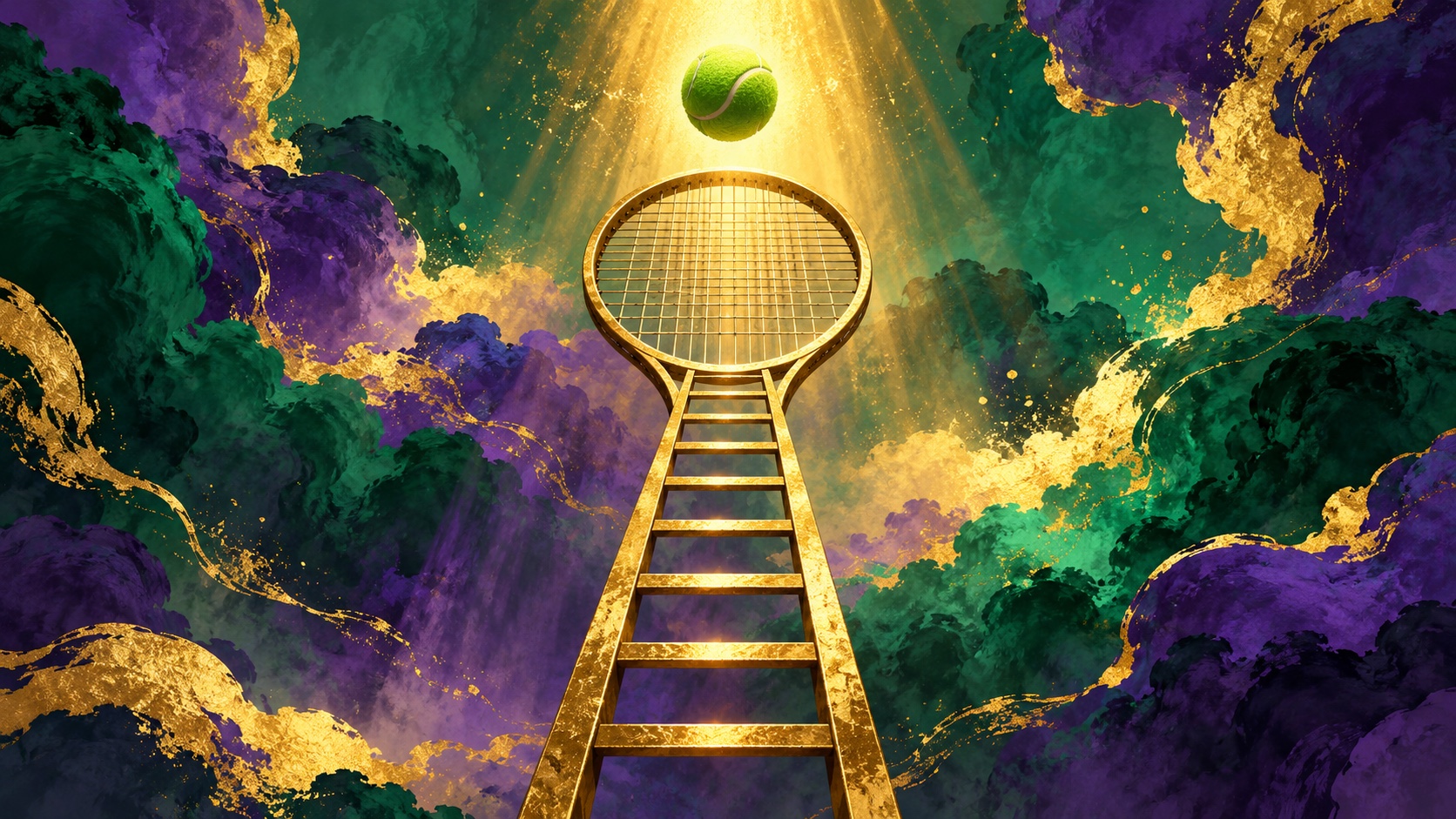 Editorial illustration: An entirely abstract tennis racket-shaped ladder rising toward a single green ball under a gold spotlight; not a photograph.