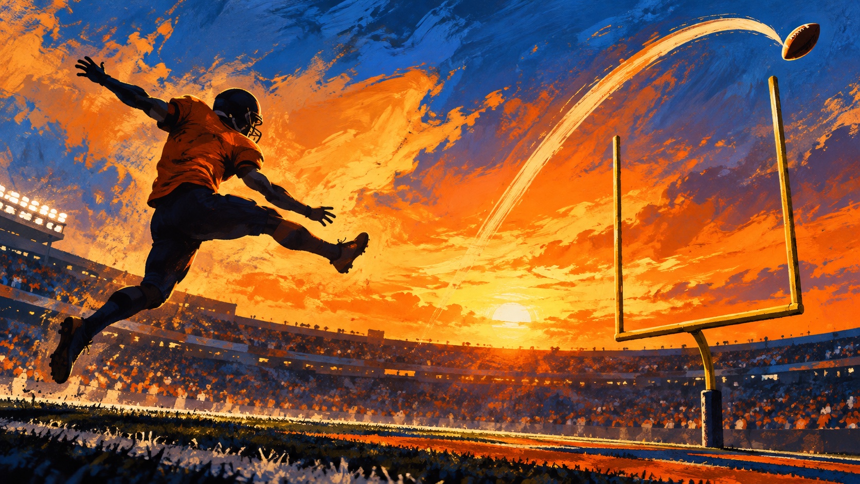 Editorial illustration: An anonymous orange-shirted American-football player silhouettes a late leap beside a missed-kick arc shown as an abstract curve; not a photograph.