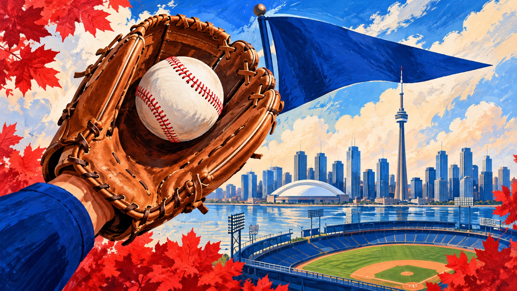 Editorial illustration: A baseball mitt catching a ball above a Toronto-inspired skyline and a blue unbranded pennant; not a photograph of the event or an official product depiction.