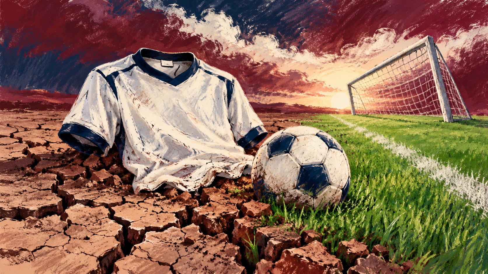 Editorial illustration: An empty white navy football shirt beside a ball emerging from dry cracked ground into a narrow green pitch strip, a tilted goal net in background, mixed progress and defeat without; not a photograph.