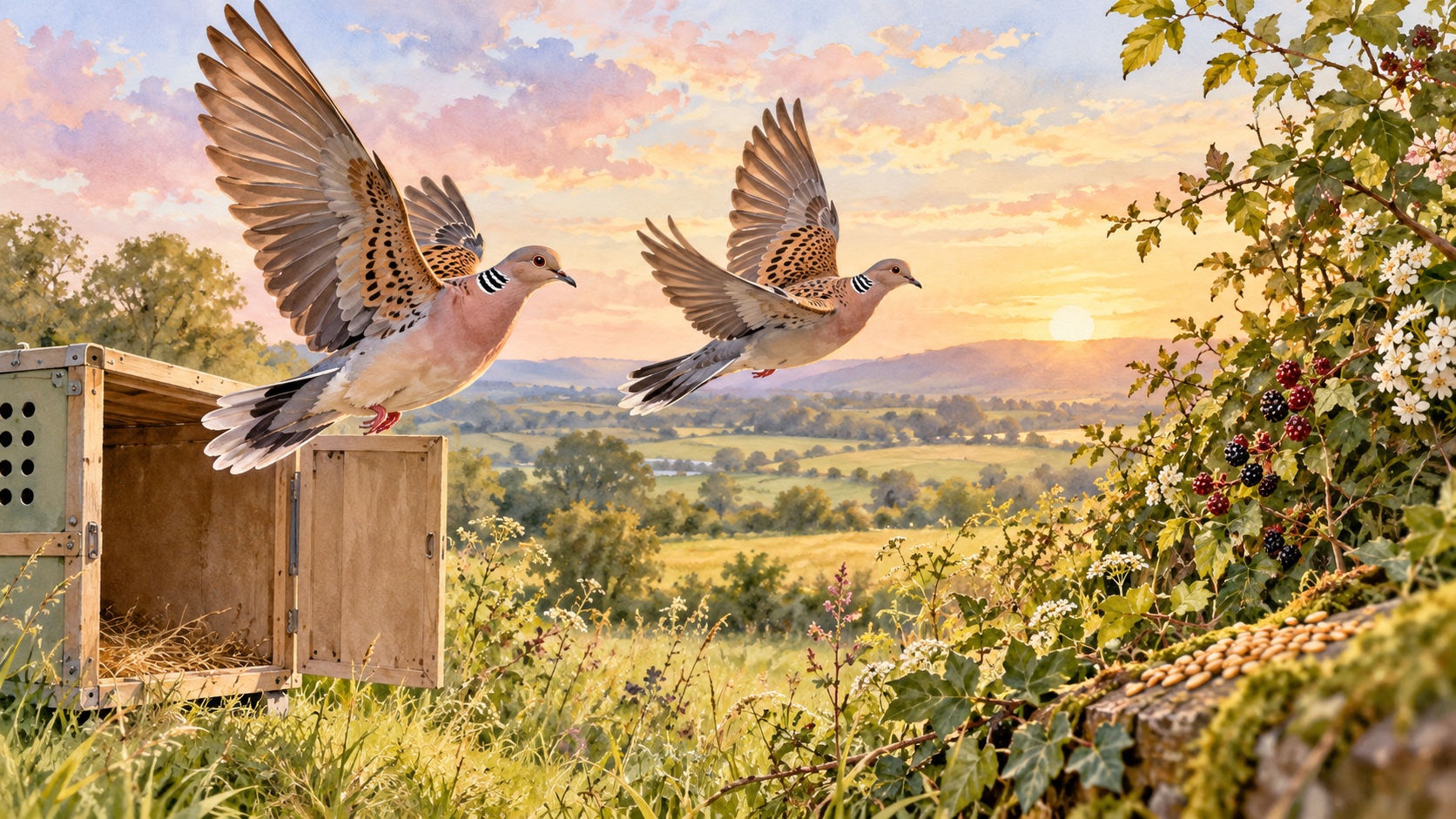 Editorial illustration: Two accurately shaped turtle doves flying from an open empty transport crate toward a hedgerow with scattered seeds, long-term conservation journey; not a photograph.