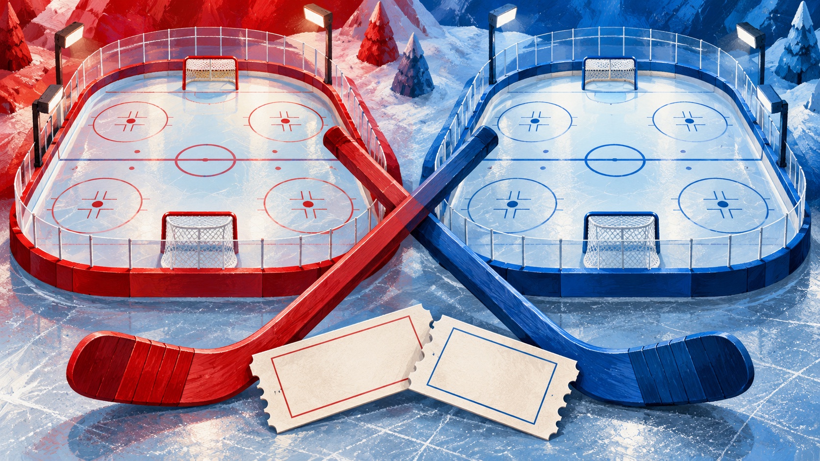 Editorial illustration: Two miniature ice rinks side by side with plain red and blue sticks crossing in foreground; not a photograph of the event or an official product depiction.