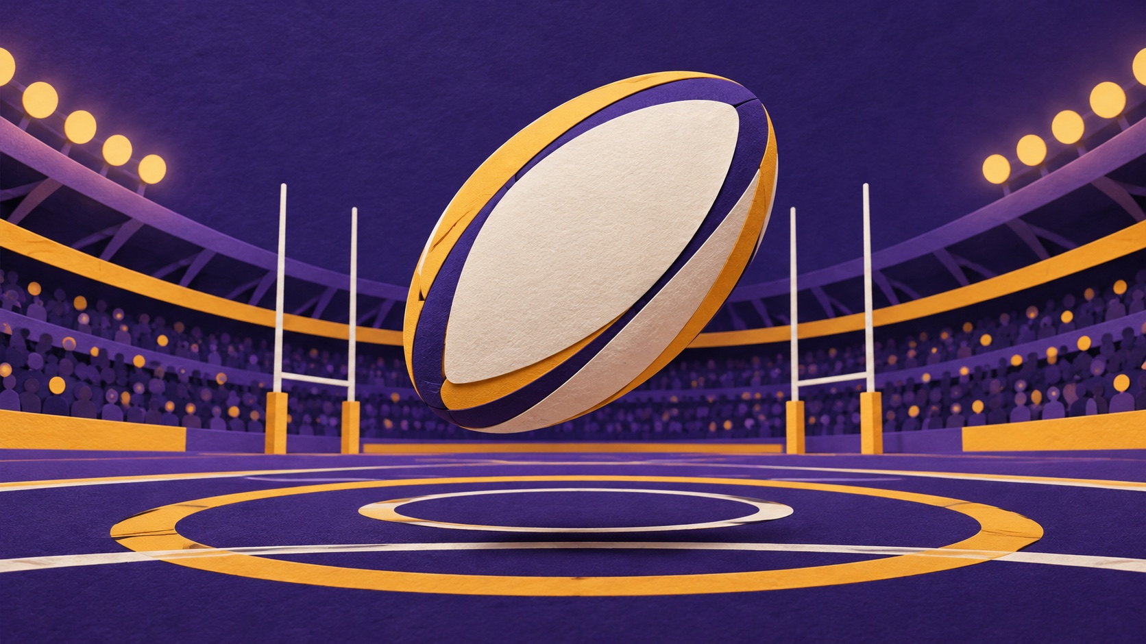 Editorial illustration: A paper-cut oval rugby ball hovering before two distant goalposts; not a photograph of the event or an official product depiction.