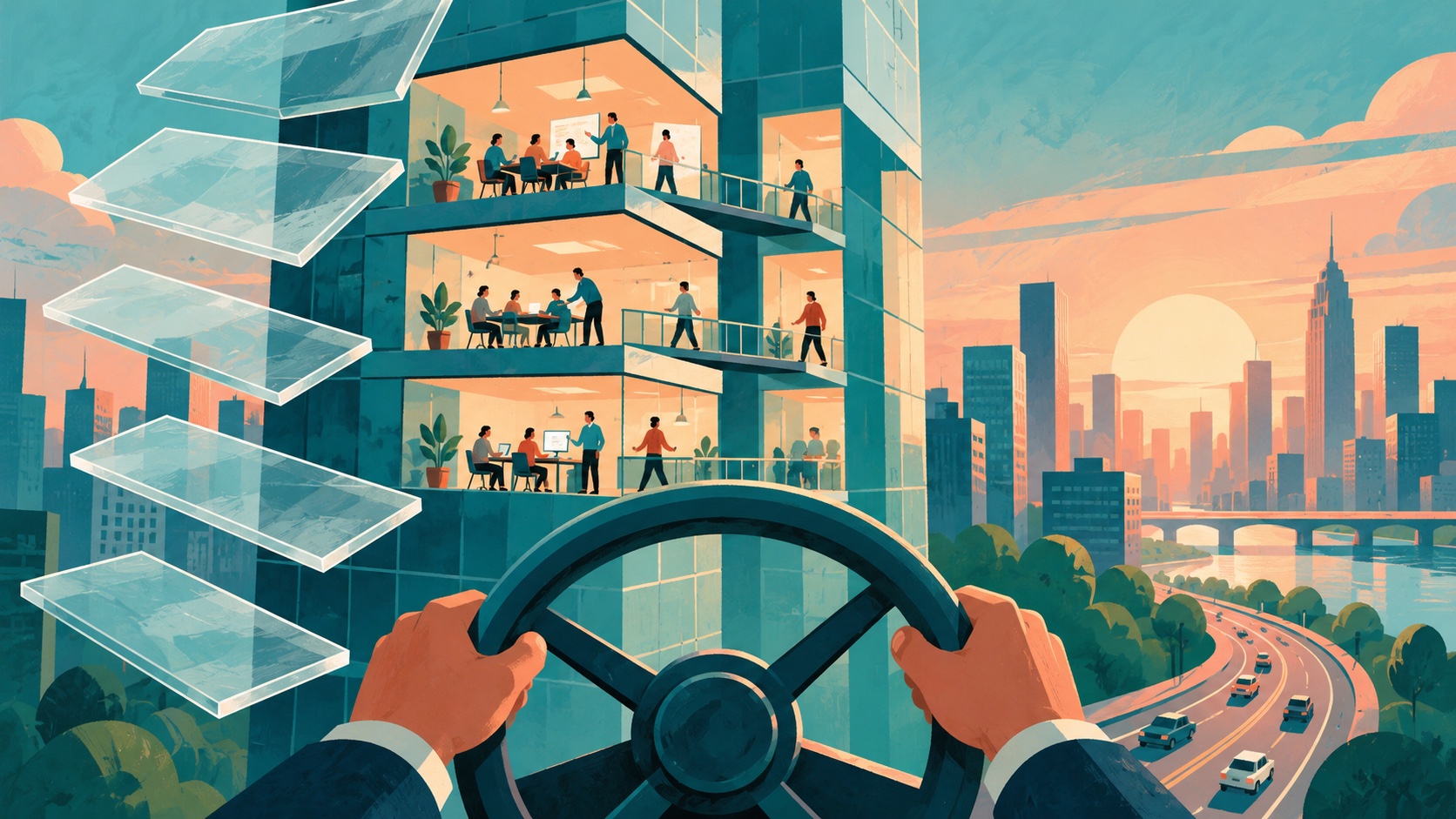 Editorial illustration: An abstract office tower shedding extra transparent floors to reveal teams connected by short bridges, a plain steering wheel and city road below; not a photograph.