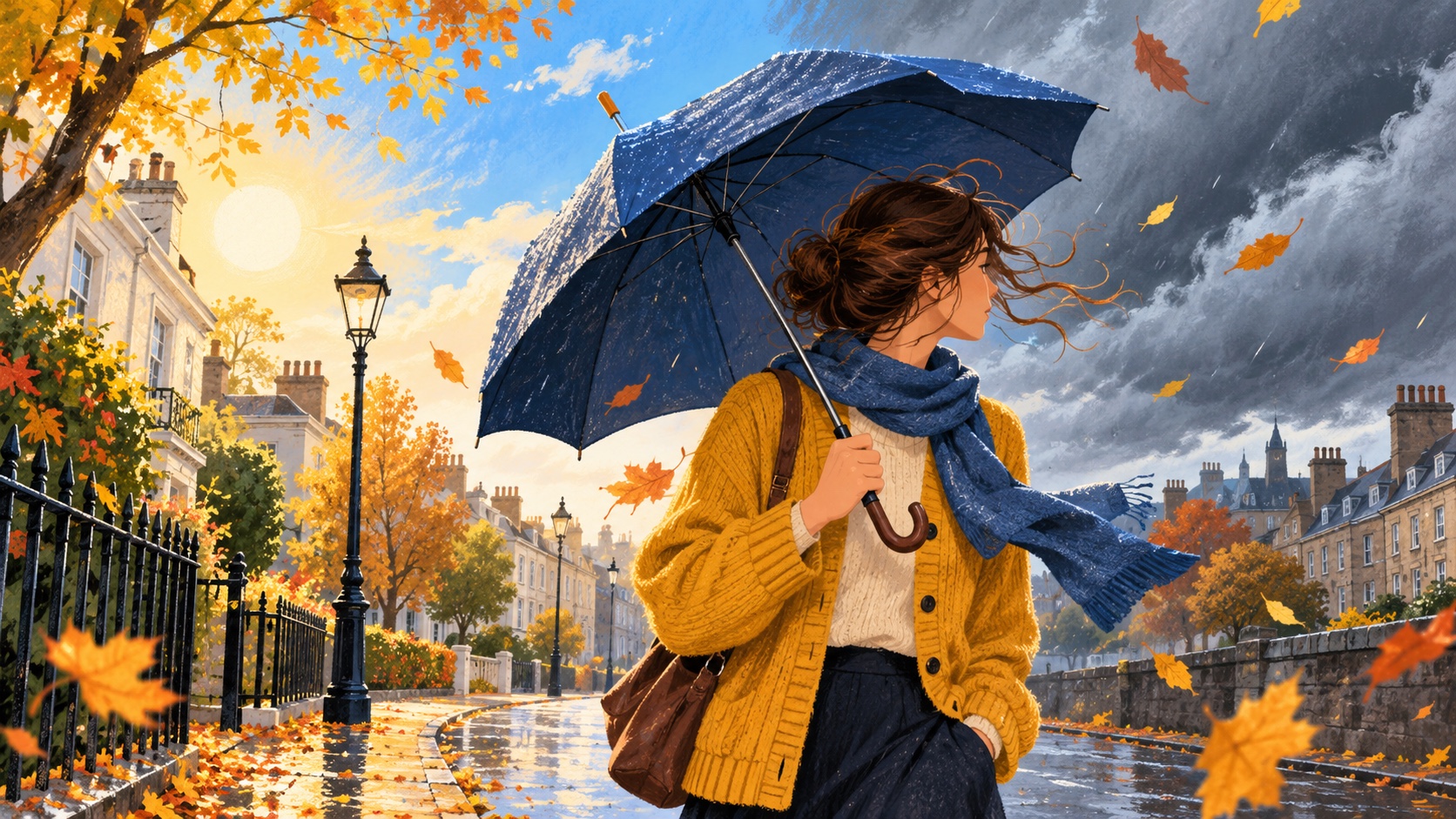 Editorial illustration: An umbrella, cardigan and wind-blown leaves on a British-style street that shifts from sun to overcast; not a photograph.