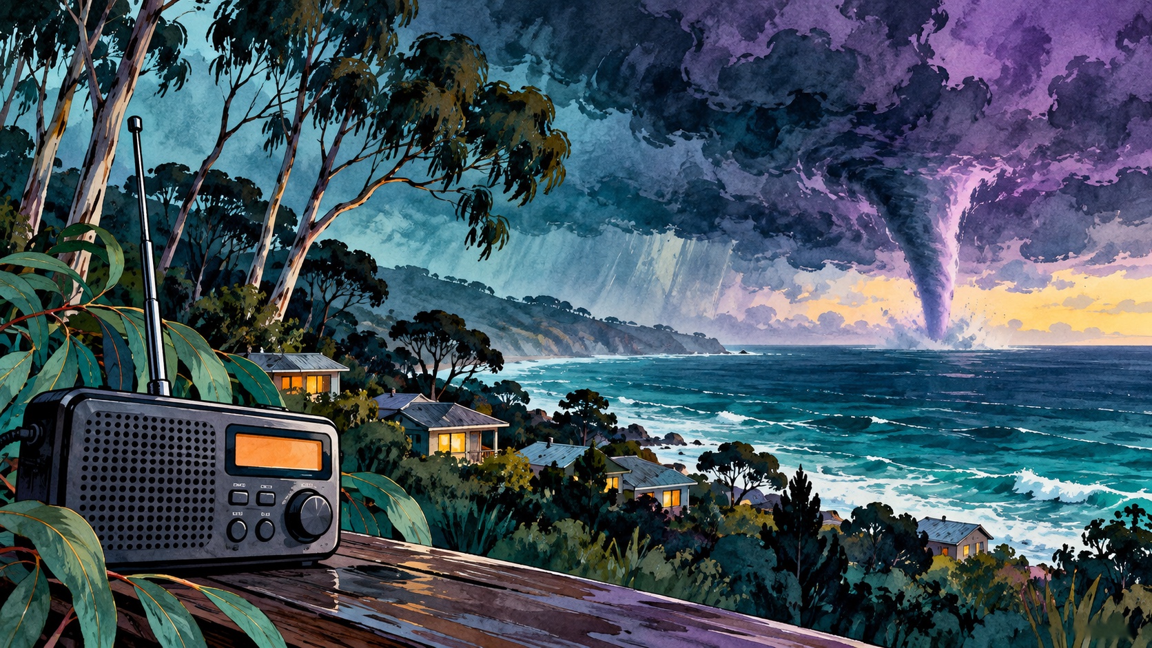 Editorial illustration: ulladulla tornado warning; a conceptual image, not a photograph of the event or actual people.
