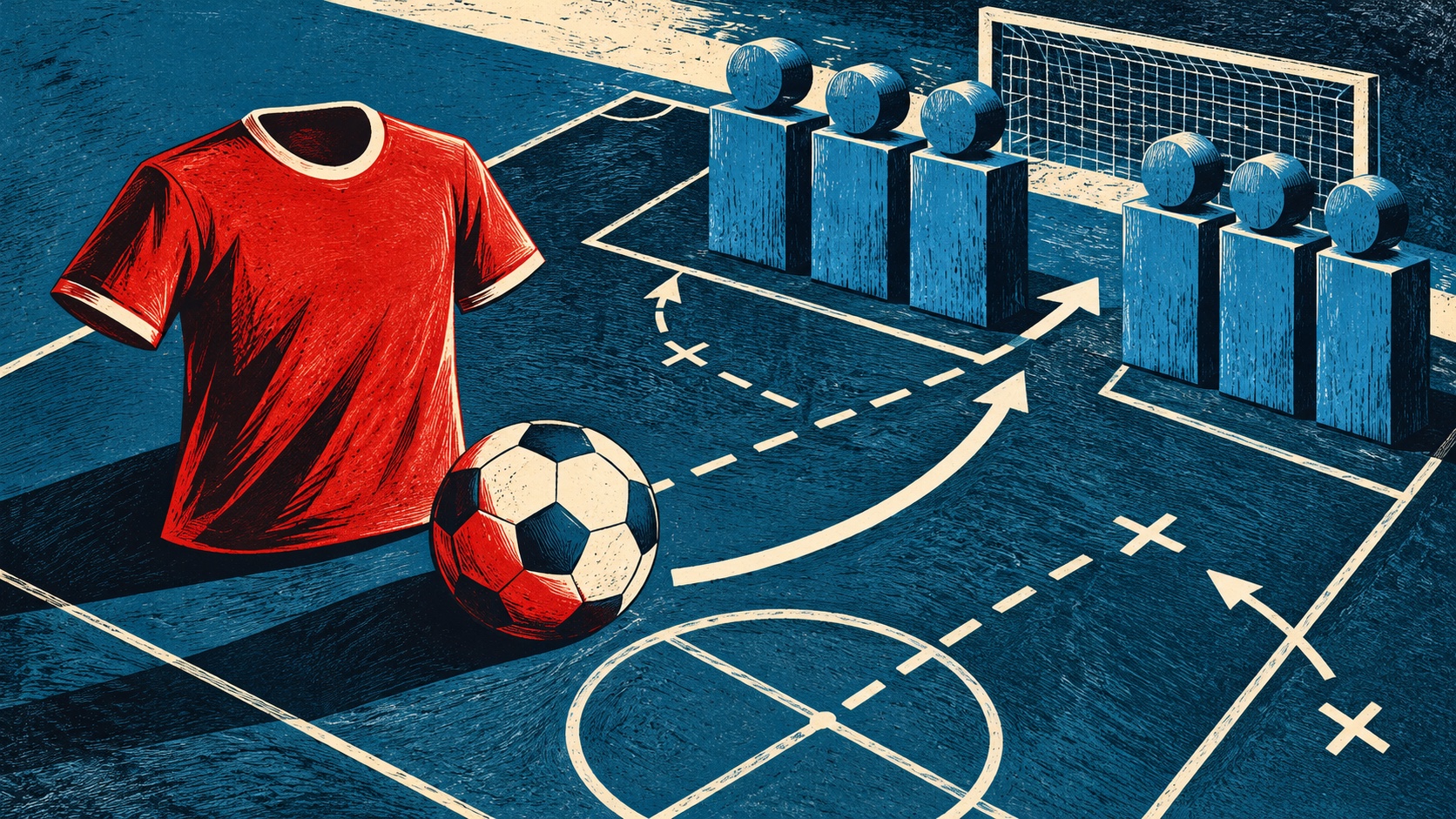 Editorial illustration: A red plain football jersey and ball on a tactics board with one open gate in a defensive wall of blue blocks, possession versus security as a metaphor; not a photograph.