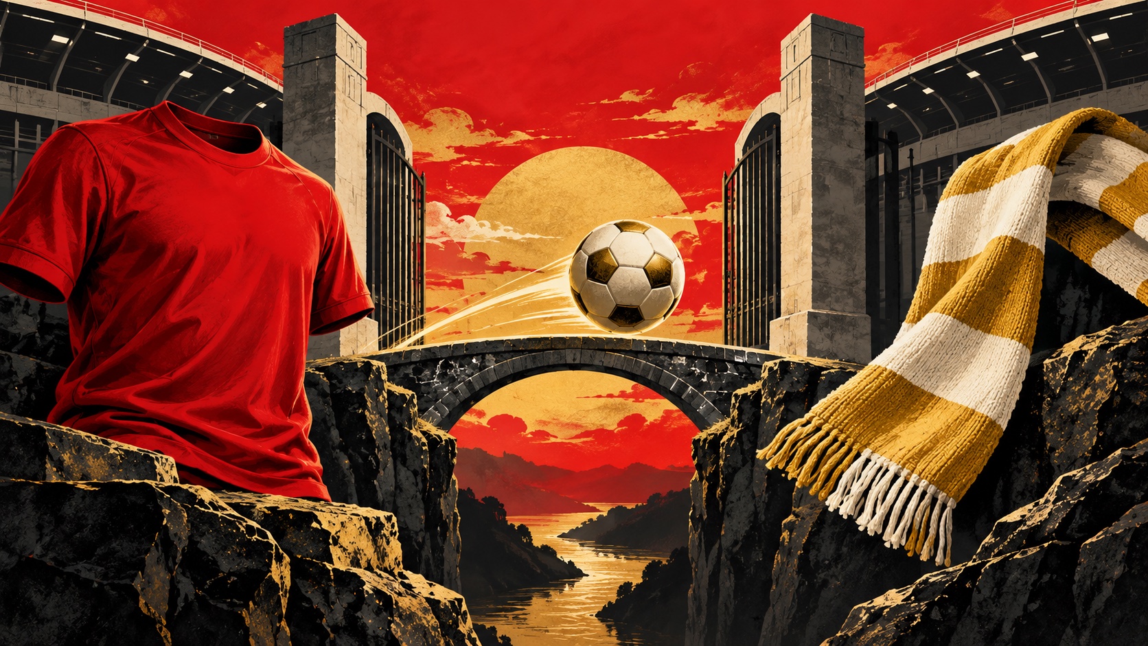 Editorial illustration: A completely plain red football shirt beside a gold-white scarf, a match ball crossing an imaginary bridge between two blank stadium gates; not a photograph.