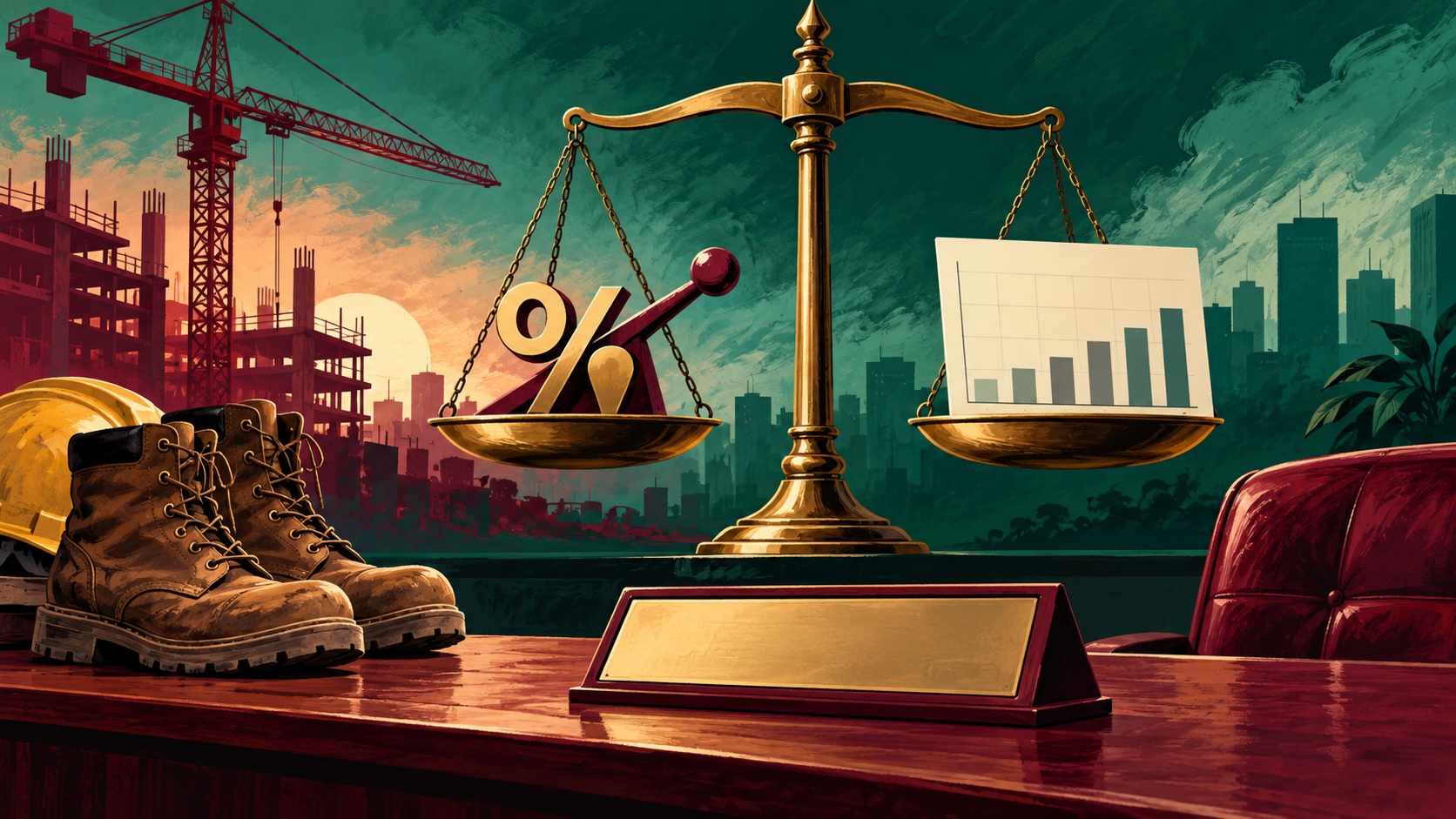Editorial illustration: Worker boots, an empty desk nameplate and a crane in foreground while a balanced brass scale holds an abstract interest lever opposite a blank jobs chart; not a photograph.