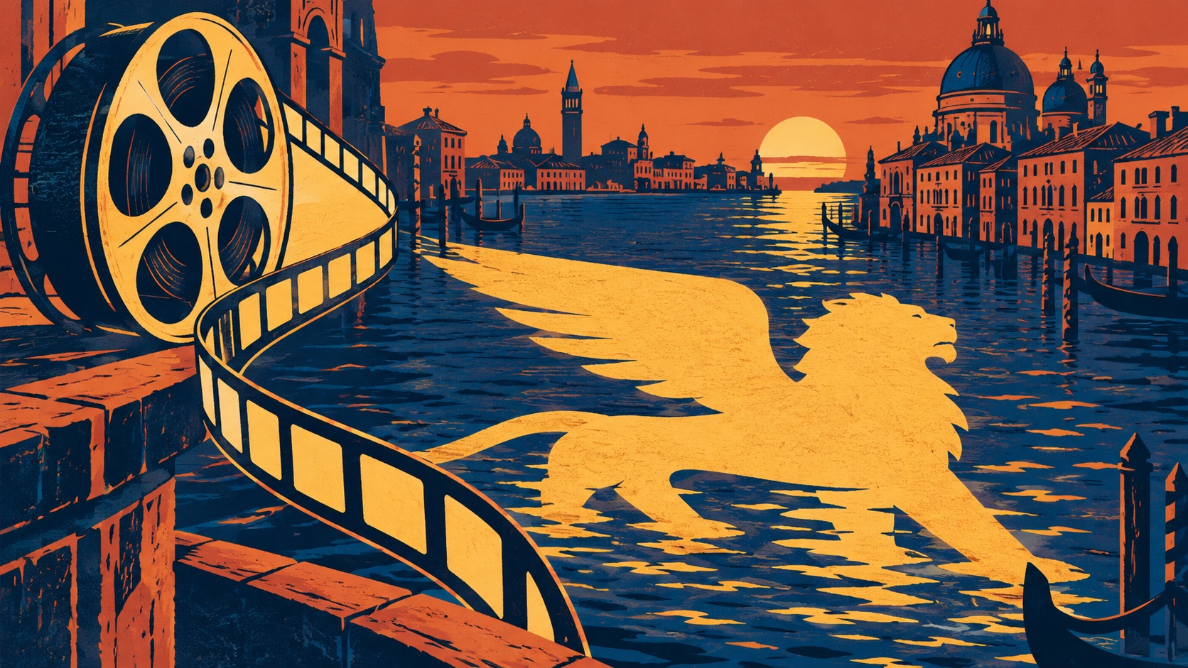Editorial illustration: A flat golden lion-shaped shadow cast by an unspooling film reel over a drawn Venetian canal; not a photograph.