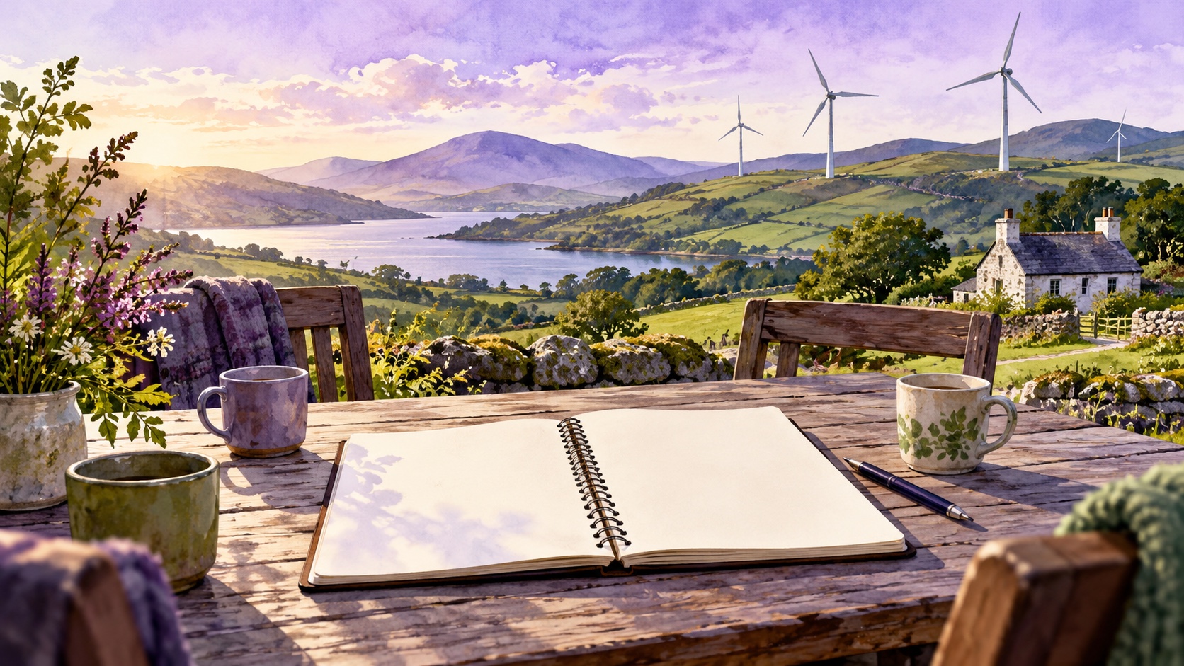 Editorial illustration: A blank consultation notebook at a community table overlooking Welsh hills, wind turbines and a modest house, an open question rather than a promised tariff; not a photograph.