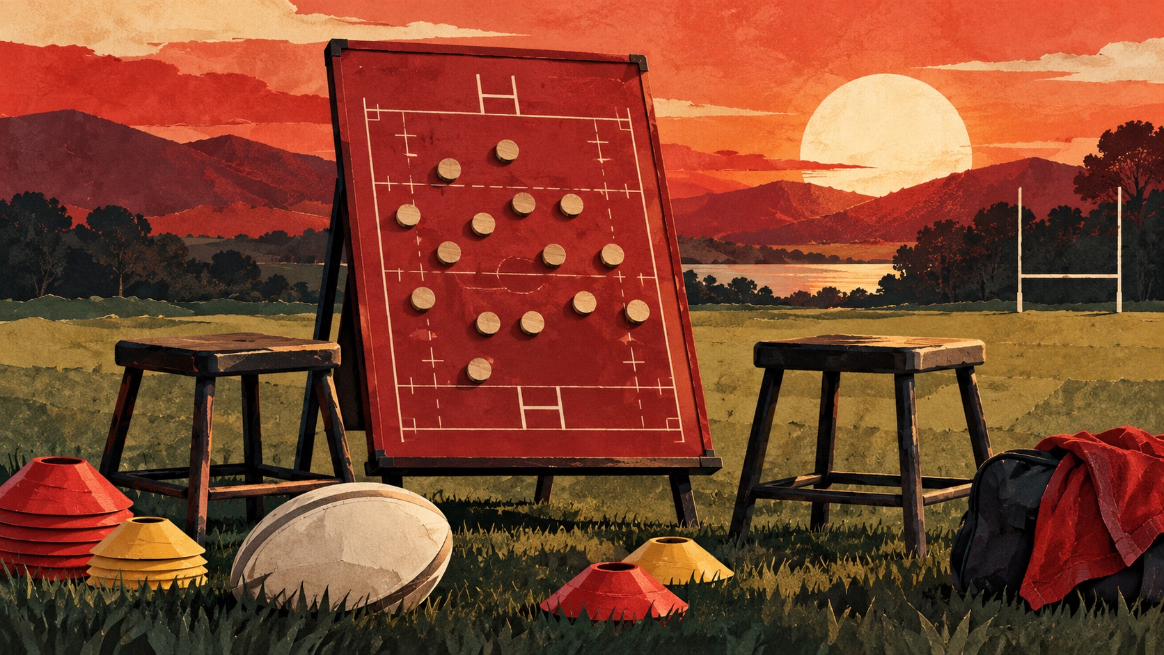 Editorial illustration: Two empty coaches' stools beside a red rugby tactics board made of unlabelled wooden tokens, neat practice cones and a plain ball, continuity and preparation; not a photograph.