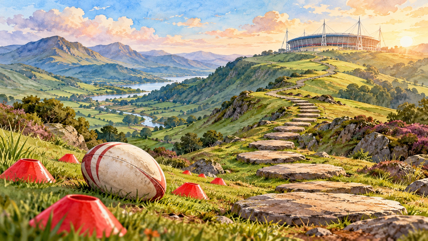 Editorial illustration: A small unbranded rugby ball among training cones in foreground with stepping stones rising toward a distant stadium through green Welsh hills, long development pathway; not a photograph.