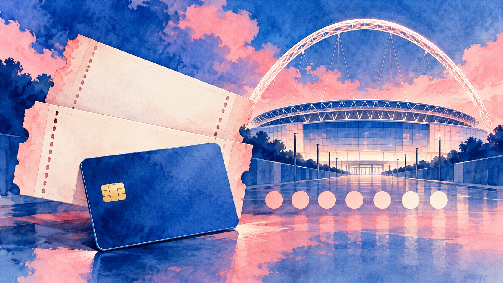 Editorial illustration: Blank concert tickets and a plain payment card beside a drawn Wembley-inspired arch, a queue represented by empty dots; not a photograph.