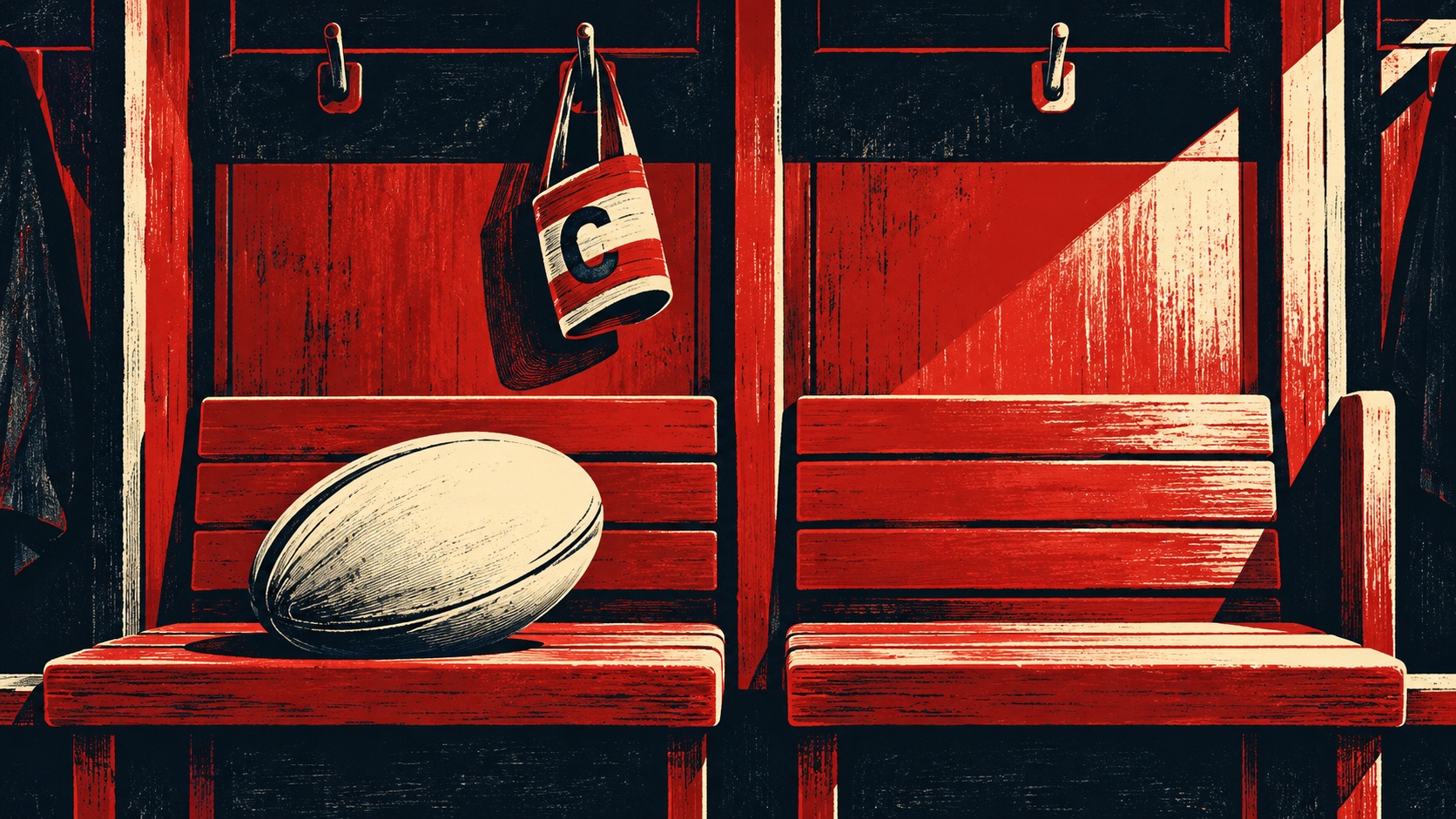 Editorial illustration: A plain rugby ball resting on an empty red-striped bench under a hanging captain's armband, another empty chair beside it suggesting future leadership; not a photograph.