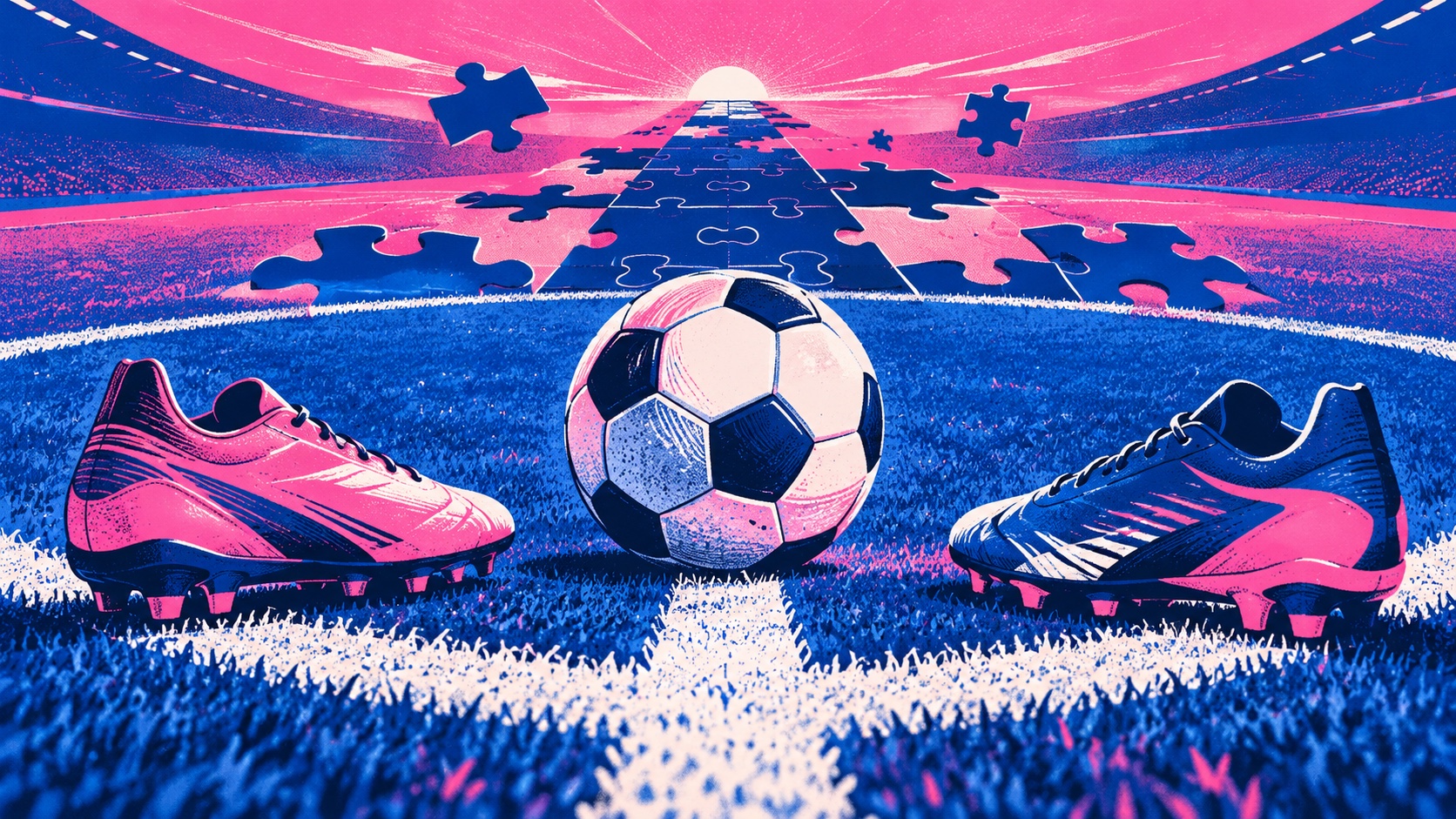 Editorial illustration: Two unbranded football boots and a ball on freshly painted pitch lines with an unfinished jigsaw championship path behind; not a photograph.