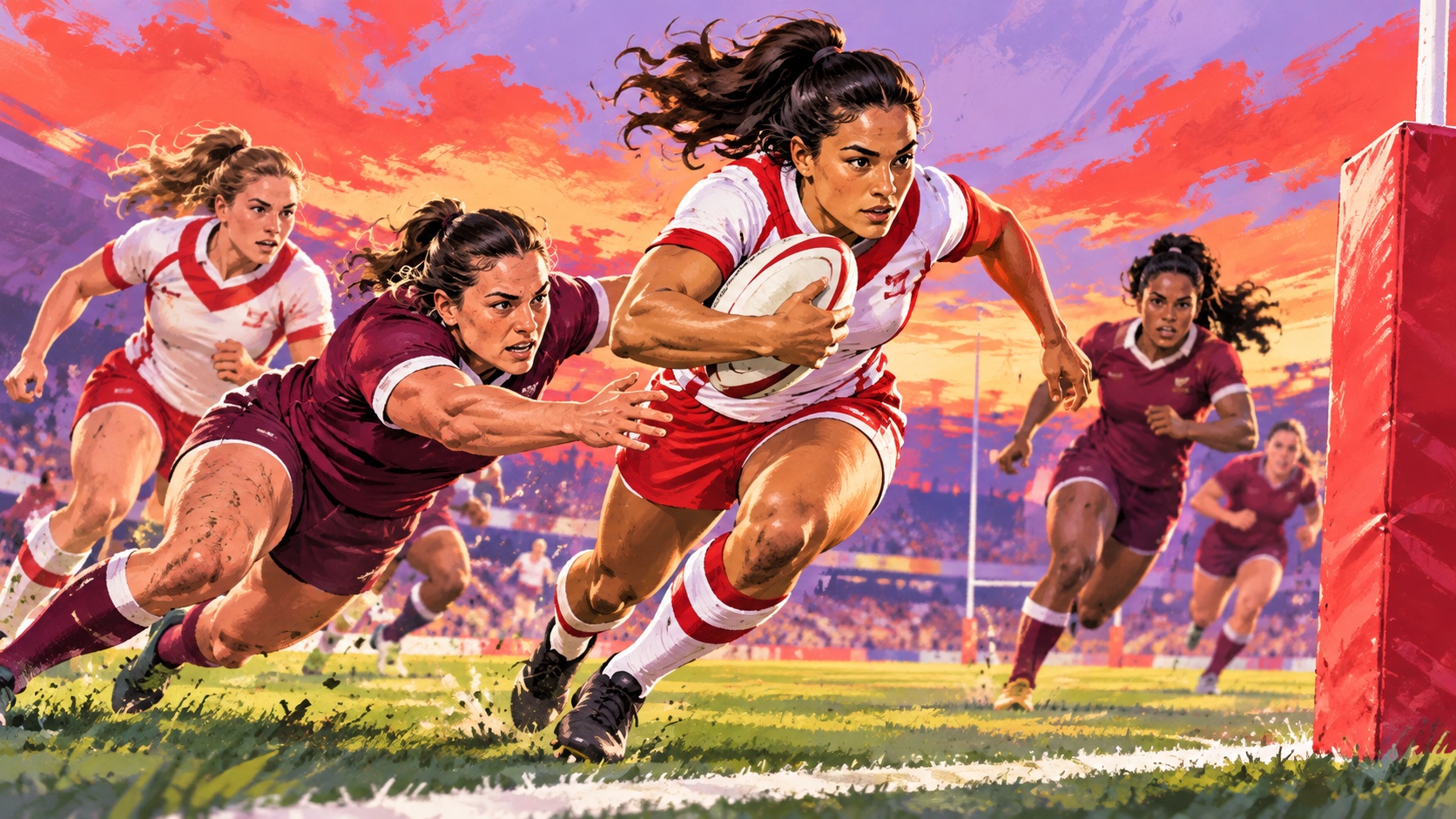 Editorial illustration: womens rugby perfect season; a conceptual image, not a photograph of the event or actual people.