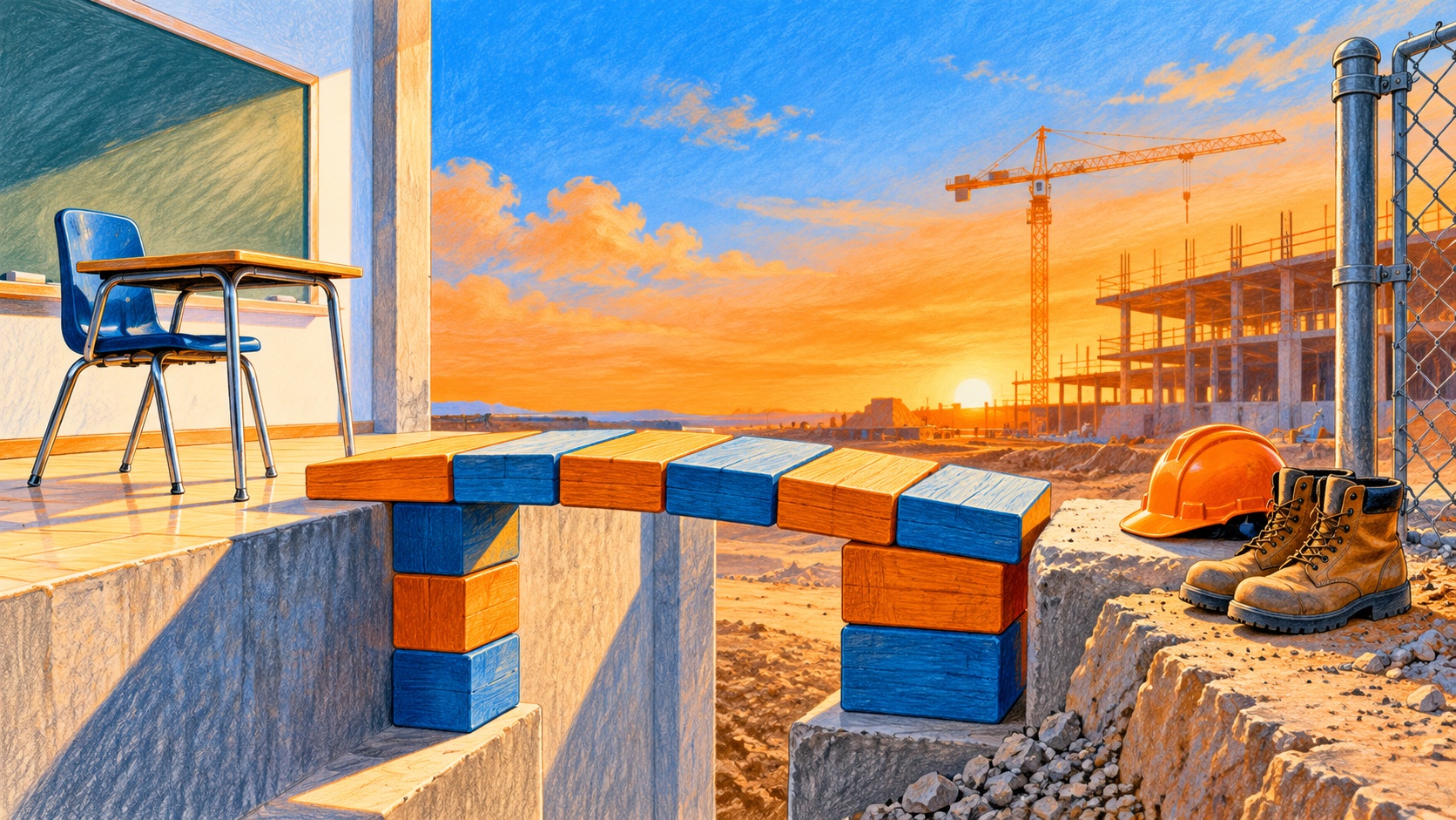 Editorial illustration: An empty hard hat and work boots at a gate to a building site, a sturdy bridge made of training blocks crosses the gap from a classroom chair; not a photograph.